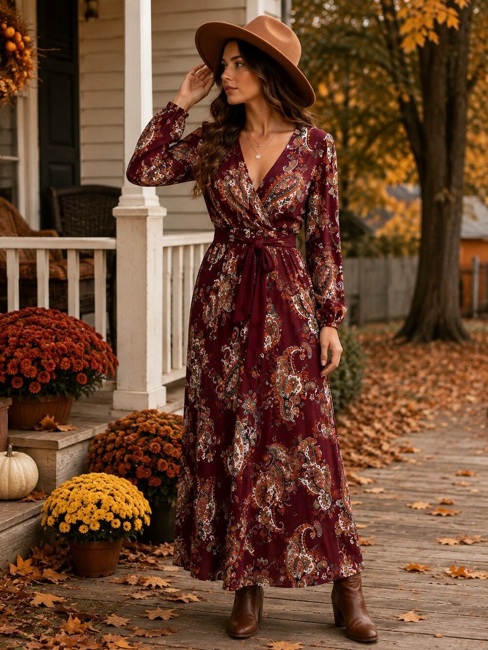 Club Soda Burgundy Paisley Faux Wrap Maxi Dress S Long Sleeve Tie Waist Autumn